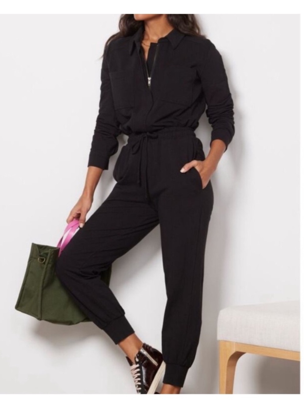 Evereve Black Long-Sleeve Drawstring Jumpsuit